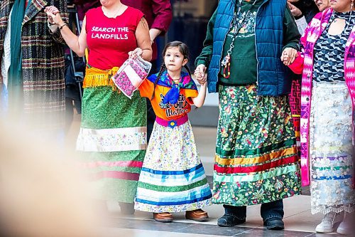 MIKAELA MACKENZIE / WINNIPEG FREE PRESS
	
Zoe Nanowin, six, round dances at Polo Park during an event marking the second annual National Ribbon Skirt Day on Thursday, Jan. 4, 2024.  Standup.
Winnipeg Free Press 2023