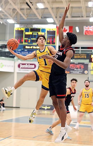 Travis Hamberger (1) of the Brandon University Bobcats drives for a layup on Elijah Mensah (12) of the Winnipeg Wesmen during Canada West men's basketball action at the Healthy Living Centre on Friday evening. (Tim Smith/The Brandon Sun)