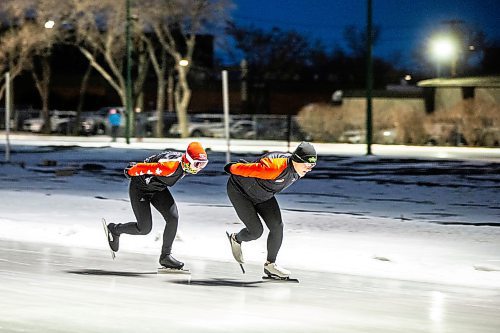 MIKAELA MACKENZIE / WINNIPEG FREE PRESS
	
Randy Plett (front) and Cassandra Ttrault speed skate at the Susan Auch Oval on Thursday, Jan. 4, 2024.  For Taylor Allen story.
Winnipeg Free Press 2023