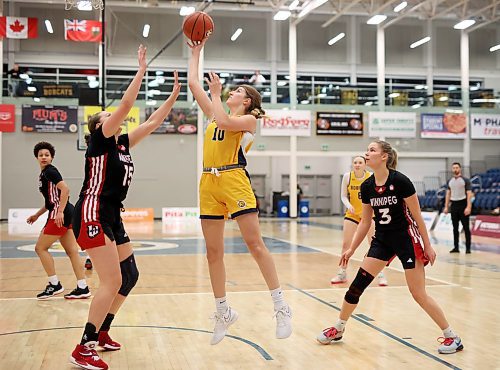 05012024
Katelynn Visser #10 of the Brandon University Bobcats leaps to take a shot on the net during university basketball action against the University of Winnipeg Wesmen at the BU Healthy Living Centre on Friday evening.
(Tim Smith/The Brandon Sun)