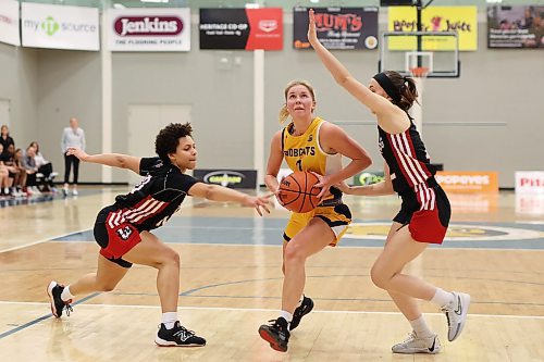 05012024
Reetta Tulkki #7 of the Brandon University Bobcats charges for the net between Jasia Hayden #10 and and Annika Goodbrandson #2 of the University of Winnipeg Wesmen during university basketball action at the BU Healthy Living Centre on Friday evening.
(Tim Smith/The Brandon Sun)