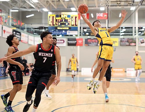 05012024
Travis Hamberger #1 of the Brandon University Bobcats leaps to take a shot on the net during university basketball action against the University of Winnipeg Wesmen at the BU Healthy Living Centre on Friday evening.
(Tim Smith/The Brandon Sun)