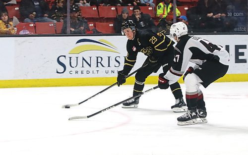 Brandon Wheat Kings captain Nate Danielson (29) prepares to take one of his seven shots on net as Vancouver Giants defenceman Mazden Leslie (47) defends during the second period of Vancouver's 4-0 win at Westoba Place on Saturday. (Perry Bergson/The Brandon Sun)
Jan. 6, 2024