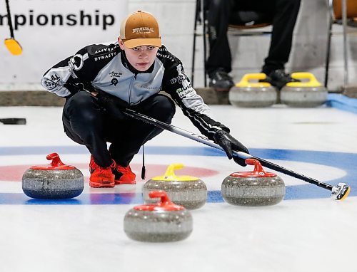 JOHN WOODS / WINNIPEG FREE PRESS
Nash Sugden curls against Rylan Campbell in the 2024 U18 Boys Provincial Championship game in Selkirk Sunday, January 7, 2024. 

Reporter: taylor