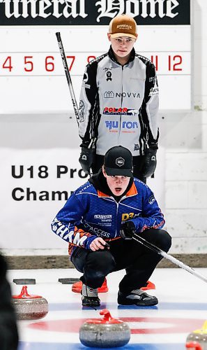JOHN WOODS / WINNIPEG FREE PRESS
Nash Sugden looks on as Rylan Campbell makes the call as they curl in the 2024 U18 Boys Provincial Championship game in Selkirk Sunday, January 7, 2024. 

Reporter: taylor