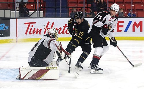 Brandon Wheat Kings leading scorer Rylen Roersma (18), shown going hard to the net against Vancouver Giants goalie Brett Mirwald (33) and former Wheat Kings defenceman Logen Hammett (25), said his club is sure to break its scoreless streak of nearly 132 minutes if it keeps plugging away and putting shots on net. They’ll have their next chance this evening when the Victoria Royals visit Westoba Place. (Perry Bergson/The Brandon Sun)
Jan. 9, 2024
