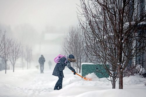 10012024
A woman shovels snow in front of a home on Tracey Street amid flurries on a snowy Wednesday.
(Tim Smith/The Brandon Sun)