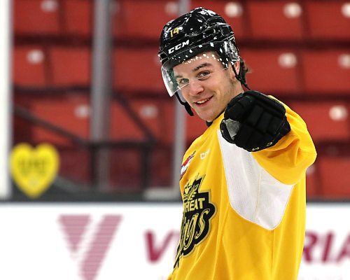 Overage forward Jayden Wiens smiles at Brandon Wheat Kings practice at Westoba Place on Thursday as the team skated for the first time after trading captain Nate Danielson on Wednesday. (Perry Bergson/The Brandon Sun)