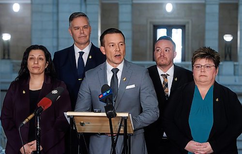 MIKE DEAL / WINNIPEG FREE PRESS
Flanked by NDP MLA&#x2019;s, (from left) Nellie Kennedy (Assiniboia), Robert Loiselle (St. Boniface), Logan Oxenham (Kirkfield Park), and Billie Cross (Seine River), Manitoba NDP Caucus Chair Mike Moyes (Riel) announces that he has filed two formal complaints with the Manitoba Ethics Commissioner. Moyes is calling on the Commissioner to investigate PC Leader Heather Stefanson and PC MLA Jeff Wharton for their attempts to violate the caretaker convention and push through a major mining project in the days following their 2023 election loss. 
240112 - Friday, January 12, 2024.