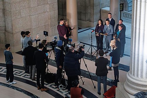 MIKE DEAL / WINNIPEG FREE PRESS
Flanked by NDP MLA&#x2019;s, (from left) Nellie Kennedy (Assiniboia), Robert Loiselle (St. Boniface), Logan Oxenham (Kirkfield Park), and Billie Cross (Seine River), Manitoba NDP Caucus Chair Mike Moyes (Riel) announces that he has filed two formal complaints with the Manitoba Ethics Commissioner. Moyes is calling on the Commissioner to investigate PC Leader Heather Stefanson and PC MLA Jeff Wharton for their attempts to violate the caretaker convention and push through a major mining project in the days following their 2023 election loss. 
240112 - Friday, January 12, 2024.