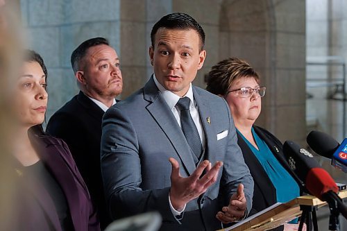 MIKE DEAL / WINNIPEG FREE PRESS
Flanked by NDP MLA&#x2019;s, (from left) Nellie Kennedy (Assiniboia), Robert Loiselle (St. Boniface), Logan Oxenham (Kirkfield Park), and Billie Cross (Seine River), Manitoba NDP Caucus Chair Mike Moyes (Riel) announces that he has filed two formal complaints with the Manitoba Ethics Commissioner. Moyes is calling on the Commissioner to investigate PC Leader Heather Stefanson and PC MLA Jeff Wharton for their attempts to violate the caretaker convention and push through a major mining project in the days following their 2023 election loss. 
240112 - Friday, January 12, 2024.