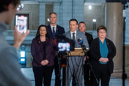 MIKE DEAL / WINNIPEG FREE PRESS
Flanked by NDP MLA&#x2019;s, (from left) Nellie Kennedy (Assiniboia), Robert Loiselle (St. Boniface), Logan Oxenham (Kirkfield Park), and Billie Cross (Seine River), Manitoba NDP Caucus Chair Mike Moyes (Riel) announces that he has filed two formal complaints with the Manitoba Ethics Commissioner. Moyes is calling on the Commissioner to investigate PC Leader Heather Stefanson and PC MLA Jeff Wharton for their attempts to violate the caretaker convention and push through a major mining project in the days following their 2023 election loss. 
240112 - Friday, January 12, 2024.