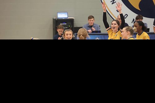 12012024
Brandon Bobcats players celebrate a point during university women&#x2019;s volleyball action against the University of Regina Cougars at the BU Healthy Living Centre on Friday evening (Tim Smith/The Brandon Sun)