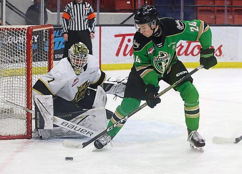 Brandon Wheat Kings goalie Ethan Eskit (1) keeps an eye on Prince Albert Raiders forward Niall Crocker (24) as he handles the puck at the side of the net during the first period of Western Hockey League action at Westoba Place on Sunday afternoon. (Perry Bergson/The Brandon Sun)