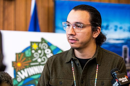 MIKAELA MACKENZIE / WINNIPEG FREE PRESS
	
Artist Jordan Stranger speaks to the media after revealing the Winnipeg 150 graphic at City Hall on Monday, Jan. 15, 2024. For Tyler story.
Winnipeg Free Press 2023