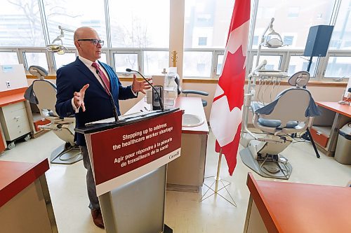 MIKE DEAL / WINNIPEG FREE PRESS
Minister of Employment, Workforce Development and Official Languages, Randy Boissonnault, announces during a media conference at the Dr. Gerald Niznick College of Dentistry, University of Manitoba, funding through the Foreign Credential Recognition Program that will provide internationally educated health professionals with the support and experience they need to pursue opportunities in Canada's healthcare sector.
See Katie May story
240115 - Monday, January 15, 2024.