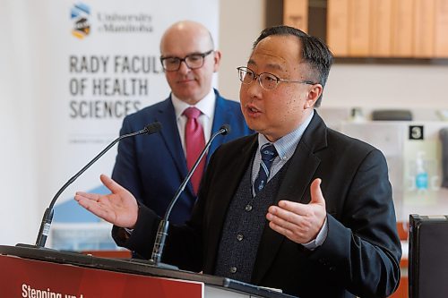MIKE DEAL / WINNIPEG FREE PRESS
Dr. Jim Lai, president of the Association of Canadian Faculties of Dentistry, speaks at an announcement by the federal government at the Dr. Gerald Niznick College of Dentistry, University of Manitoba, regarding funding through the Foreign Credential Recognition Program that will provide internationally educated health professionals with the support and experience they need to pursue opportunities in Canada's healthcare sector.
See Katie May story
240115 - Monday, January 15, 2024.