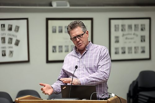 Brandon's general manager of development services, Mark Allard, outlines changes to the city's proposed development cost charge increases during a special meeting of Brandon City Council on Monday evening. (Colin Slark/The Brandon Sun)