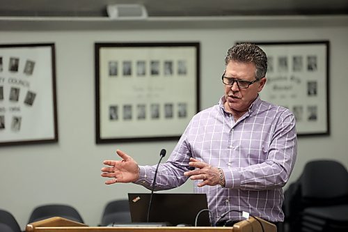Brandon's general manager of development services, Mark Allard, provides an update on work to update the city's development cost charges during a special meeting of Brandon City Council on Monday evening. (Colin Slark/The Brandon Sun)