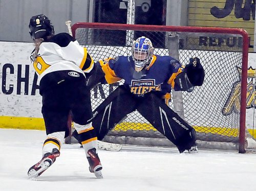 Yellowhead Chiefs goalie Madison Fleury stares down Brandon's top sniper Brynn Rice, who scored her team-high 17th goal with a wrist shot during third period action at J&G Homes Arena. The Wheat Kings prevailed 4-2. (Jules Xavier/The Brandon Sun)
