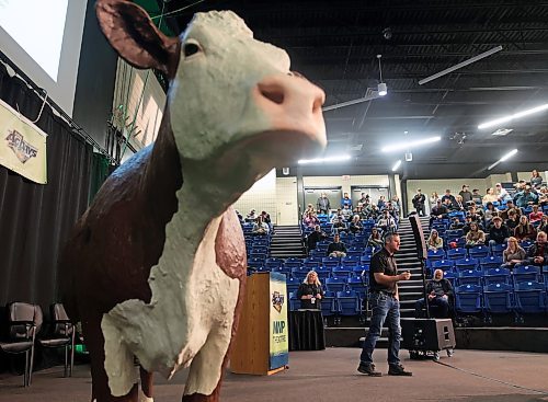 17012024
Ben Hamm, Farm Management Specialist with Manitoba Agriculture, delivers a presentation titled &#x2018;Is There Money In Beef?&#x2019; in the MNP Theatre during Manitoba Ag Days 2024 at the Keystone Centre on Wednesday.
(Tim Smith/The Brandon Sun)