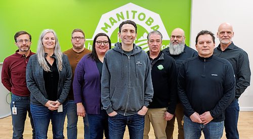 MIKE DEAL / WINNIPEG FREE PRESS
Jared Simon (centre) CEO of Manitoba Harvest with his management team at their plant on Eagle Drive.
(From left) Ashley Linden, Jodi Cloutier, Kyle Wattam, Sandy Kardynal, CEO Jared Simon, Darren Luke, Ryan Meade, Kevin Kaluzny, and Clarence Shwaluk.
See Martin Cash story
240118 - Thursday, January 18, 2024.