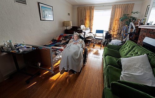 MIKE DEAL / WINNIPEG FREE PRESS
Ann Ledwich in the living room of her home on Assiniboine Avenue which has now become her bedroom.
Ann&#x2019;s daughter, Jane Pogson, is sharing her experience pulling her mom out of a Winnipeg personal care home after 24 hours in December due to poor conditions. Now, Ann is living at home, confined to her living room which the family has tried to equip for her needs. Ann is 90 and her husband Rodney (Rod) is 91. He is happy to have his wife with him, but Jane says Ann's needs are greater than what the family can provide.
See Katie May story
240118 - Thursday, January 18, 2024.