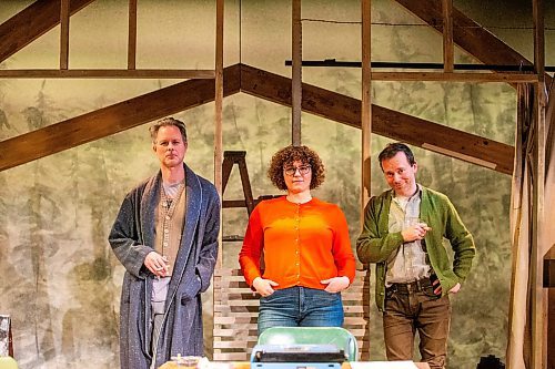 MIKAELA MACKENZIE / WINNIPEG FREE PRESS
	
Stars Eric Blais (left) and Tom Keenan (right) and director Suzie Martin (centre) pose on the set of Among Men at the Tom Hendry Warehouse Theatre on Friday, Jan. 19, 2024. For Ben Waldman story.
Winnipeg Free Press 2024