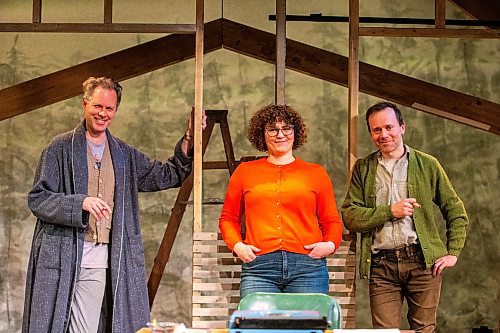 MIKAELA MACKENZIE / WINNIPEG FREE PRESS
	
Stars Eric Blais (left) and Tom Keenan (right) and director Suzie Martin (centre) pose on the set of Among Men at the Tom Hendry Warehouse Theatre on Friday, Jan. 19, 2024. For Ben Waldman story.
Winnipeg Free Press 2024