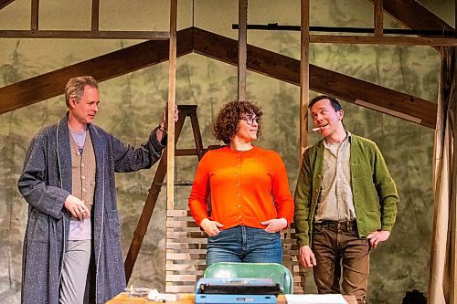 MIKAELA MACKENZIE / WINNIPEG FREE PRESS
	
Stars Eric Blais (left) and Tom Keenan (right) and director Suzie Martin (centre) pose on the set of Among Men at the Tom Hendry Warehouse Theatre on Friday, Jan. 19, 2024. For Ben Waldman story.
Winnipeg Free Press 2024