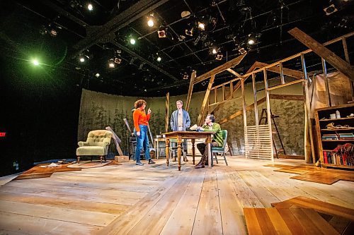 MIKAELA MACKENZIE / WINNIPEG FREE PRESS
	
Director Suzie Martin (left) and stars Eric Blais (centre) and Tom Keenan rehearse on the set of Among Men at the Tom Hendry Warehouse Theatre on Friday, Jan. 19, 2024. For Ben Waldman story.
Winnipeg Free Press 2024