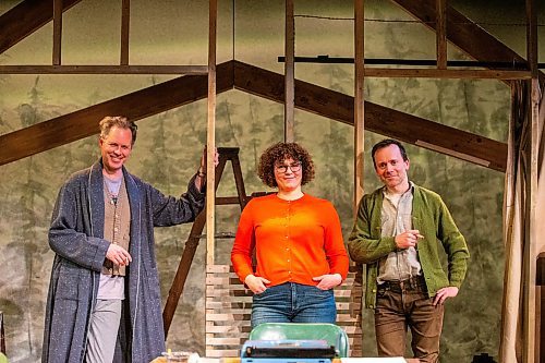 MIKAELA MACKENZIE / WINNIPEG FREE PRESS
	
Stars Eric Blais (left) and Tom Keenan (right) and director Suzie Martin (centre) pose on the set of Among Men at the Tom Hendry Warehouse Theatre on Friday, Jan. 19, 2024. For Ben Waldman story.
Winnipeg Free Press 2024