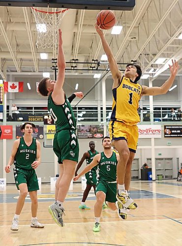 19012024
Travis Hamberger #1 of the Brandon University Bobcats leaps for a shot on the net as Fisayo Moibi #10 of the University of Saskatchewan Huskies tries to block during university men&#x2019;s basketball action at the BU Healthy Living Centre on Friday evening. 
(Tim Smith/The Brandon Sun)