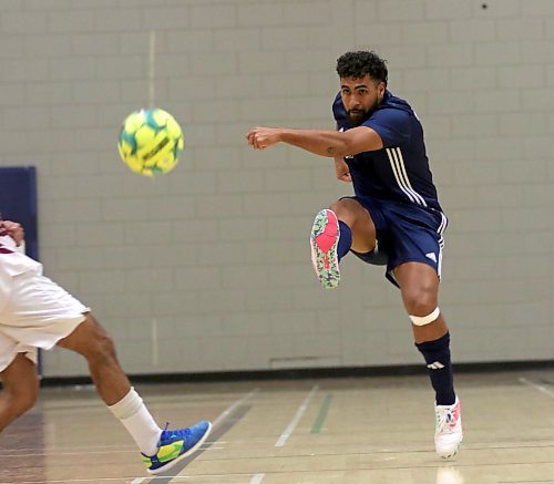 Brandon University Bobcat Victor Andrade blasts a shot facing the Assiniboine Community College Cougars during MCAC men's futsal action at Henry Champ Gymnasium on Saturday. Brandon won 3-2. (Thomas Friesen/The Brandon Sun)