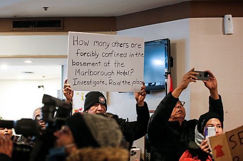 JOHN WOODS / WINNIPEG FREE PRESS
People gather in the lobby of the Marlborough Hotel to rally in support of a woman who was allegedly detained by security and handcuffed with a zip lock at the hotel in Winnipeg Sunday, January  21, 2024. A video was posted to social media which allegedly shows the incident.

Reporter: tyler