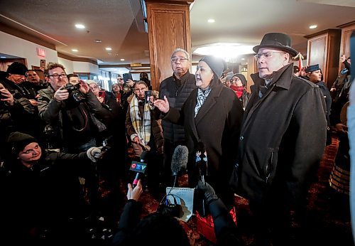 JOHN WOODS / WINNIPEG FREE PRESS
Assembly of Manitoba Chiefs Grand Chief Cathy Merrick Grand Chief Garrison Settee, Manitoba Keewatinowi Okimakanak (MKO), speak to people as they gather in the lobby of the Marlborough Hotel to rally in support of a woman who was allegedly detained by security and handcuffed with a zip lock at the hotel in Winnipeg Sunday, January  21, 2024. A video was posted to social media which allegedly shows the incident.

Reporter: tyler