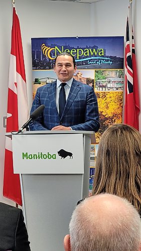 Premier Wab Kinew speaks during the grand opening of the Neepawa Training Centre for nurses on Monday. (Miranda Leybourne/The Brandon Sun)