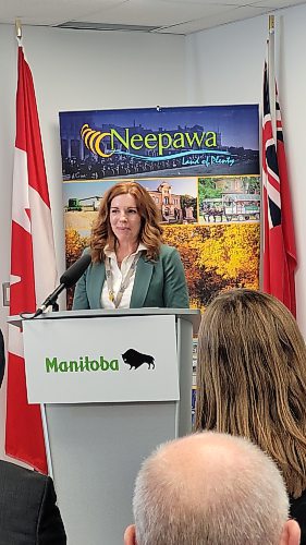 Treena Slate, regional lead acute care services and chief nursing officer with Prairie Mountain Health, speaks at the grand opening of the new Neepawa Training Centre for nurses on Monday. (Miranda Leybourne/The Brandon Sun)