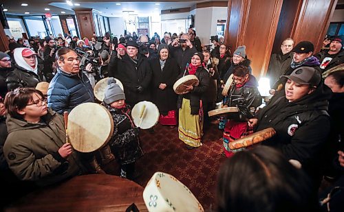 JOHN WOODS / WINNIPEG FREE PRESS
Assembly of Manitoba Chiefs Grand Chief Cathy Merrick Grand Chief Garrison Settee, Manitoba Keewatinowi Okimakanak (MKO), gather with people in the lobby of the Marlborough Hotel to rally in support of a woman who was allegedly detained by security and handcuffed with a zip lock at the hotel in Winnipeg Sunday, January  21, 2024. A video was posted to social media which allegedly shows the incident.

Reporter: tyler