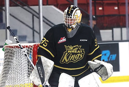Brandon Wheat Kings emergency backup goaltender Dylan McFadyen keeps an eye on the puck during warmup prior to Sunday's loss to the Medicine Hat Tigers at Westoba Place. The Wheat Kings signed the 15-year-old goalie on Monday. (Perry Bergson/The Brandon Sun)
Jan. 24, 2024