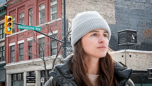 JOHN WOODS / WINNIPEG FREE PRESS
Claire Johnstone, an artist featured in this year&#x2019;s Lights On The Exchange, is photographed on Main St. at Bannatyne Ave. in Winnipeg in front of her lantern Lii Faam Michif Mashkawishiwak pi Tipeemishowak (Metis women are strong and free/own themselves) Monday, January 22, 2024. Her piece depicts Annie Bannatyne, a 19th century Metis woman and philanthropist, and is placed on top of the former Birt&#x2019;s Saddlery building on Main at Bannatyne.

Reporter: Eva