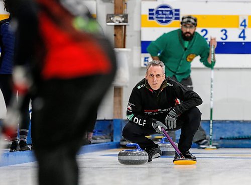 JOHN WOODS / WINNIPEG FREE PRESS
Paul Scinocca watches the shot as Brad Micholson looks on in the final of the Manitoba Open at St Vital Curling Club Monday, January 22, 2024. 

Reporter: josh