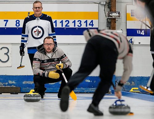 JOHN WOODS / WINNIPEG FREE PRESS
Andrew Irving calls out as Dean Dunstone looks on in the final of the Manitoba Open at St Vital Curling Club Monday, January 22, 2024. 

Reporter: josh