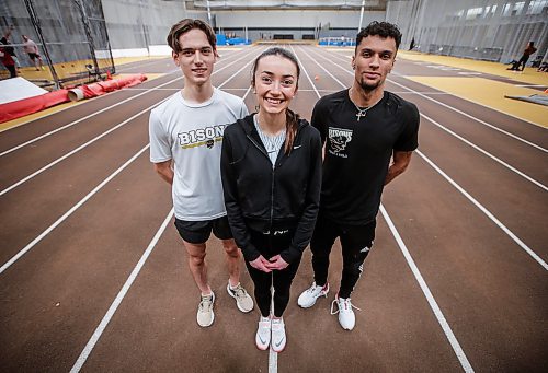 JOHN WOODS / WINNIPEG FREE PRESS
Dawson Mann (600m track), left, Lara Denbow (womens high-jump) and Tyler Cox-Yestrau (300m track), who all qualified for the USports national championships this past Saturday, are photographed during training at the University of Manitoba in Winnipeg Tuesday, January 23, 2024.

Reporter: josh