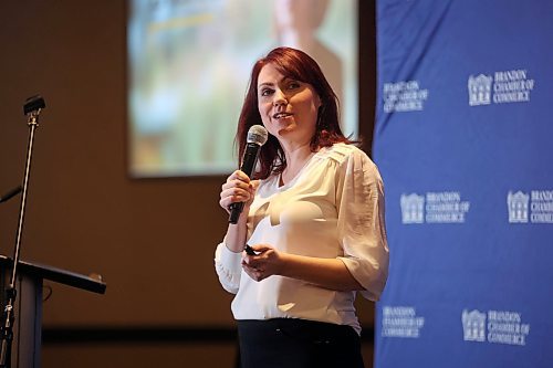 25012024
Katrina German, founder and CEO of Ethical Digital, delivers a talk titled "How Artificial Intelligence is Shaping the Future of Business" during the Brandon Chamber of Commerce luncheon at the Victoria Inn on Thursday.
(Tim Smith/The Brandon Sun)