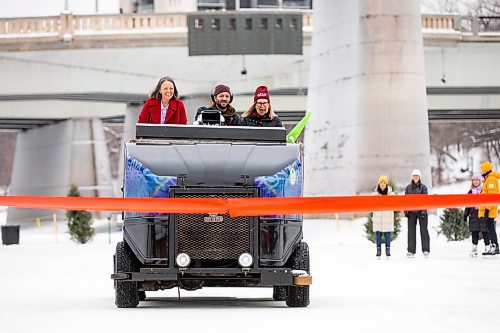 MIKAELA MACKENZIE / WINNIPEG FREE PRESS
	
Sara Stasiuk, president and CEO of The Forks (left), Michael Jordan, river trail manager at The Forks, and LuAnn Lovlin, VP of communications and marketing at The Winnipeg Foundation, officially open the Nestaweya River Trail by driving through the ribbon with an ice resurfacer at The Forks on Thursday, Jan. 25, 2024. For Malak (?) story or standup.
Winnipeg Free Press 2024