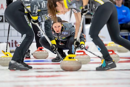 BROOK JONES / WINNIPEG FREE PRESS
Skip Lisa McLeod of Team McLeod from the Portage Curling Club competes in the 2024 Manitoba Women's Curling Championships - Scotties Tournament of Hearts presented by Rocky Mountain Equipment at the Access Event Centre in Morden, Man., Wednesday, Jan. 24, 2024. Members of Team McLeod include third Janelle Lach, second Hallie McCannell, lead Jolene Callum and alternate Hailey McFarlane. Pictured: McLeod calling the line during her team's match against Team Cameron from the Granit Curling Club Wednesday, Jan. 24, 2024. Kater Cameron is pictured in standing behind and to the right of McLeod. Pictured: McLeod (middle) calling the line while lead McFarlane (left) and third Lach (right) sweep ahead of the rock during her team's match against Team Cameron from the Granit Curling Club Wednesday, Jan. 24, 2024.