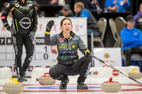 BROOK JONES / WINNIPEG FREE PRESS
Skip Lisa McLeod of Team McLeod from the Portage Curling Club competes in the 2024 Manitoba Women's Curling Championships - Scotties Tournament of Hearts presented by Rocky Mountain Equipment at the Access Event Centre in Morden, Man., Wednesday, Jan. 24, 2024. Members of Team McLeod include third Janelle Lach, second Hallie McCannell, lead Jolene Callum and alternate Hailey McFarlane. Pictured: McLeod calling the line during her team's match against Team Cameron from the Granit Curling Club Wednesday, Jan. 24, 2024. Pictured: McLeod calling the line during her team's match against Team Cameron from the Granit Curling Club Wednesday, Jan. 24, 2024.
