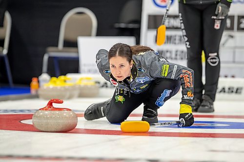 BROOK JONES / WINNIPEG FREE PRESS
Skip Lisa McLeod of Team McLeod from the Portage Curling Club competes in the 2024 Manitoba Women's Curling Championships - Scotties Tournament of Hearts presented by Rocky Mountain Equipment at the Access Event Centre in Morden, Man., Wednesday, Jan. 24, 2024. Members of Team McLeod include third Janelle Lach, second Hallie McCannell, lead Jolene Callum and alternate Hailey McFarlane. Pictured: McLeod calling the line during her team's match against Team Cameron from the Granit Curling Club Wednesday, Jan. 24, 2024. Pictured: McLeod is attentive while watching the line during her team's match against Team Cameron from the Granit Curling Club Wednesday, Jan. 24, 2024.