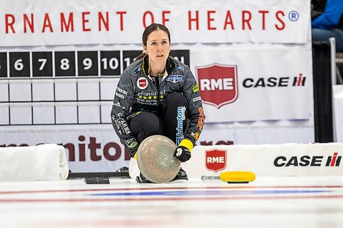 BROOK JONES / WINNIPEG FREE PRESS
Skip Lisa McLeod of Team McLeod from the Portage Curling Club competes in the 2024 Manitoba Women's Curling Championships - Scotties Tournament of Hearts presented by Rocky Mountain Equipment at the Access Event Centre in Morden, Man., Wednesday, Jan. 24, 2024. Members of Team McLeod include third Janelle Lach, second Hallie McCannell, lead Jolene Callum and alternate Hailey McFarlane. Pictured: McLeod calling the line during her team's match against Team Cameron from the Granit Curling Club Wednesday, Jan. 24, 2024. Pictured: McLeod cleaning the botton of the curling rock during her team's match against Team Cameron from the Granit Curling Club Wednesday, Jan. 24, 2024.